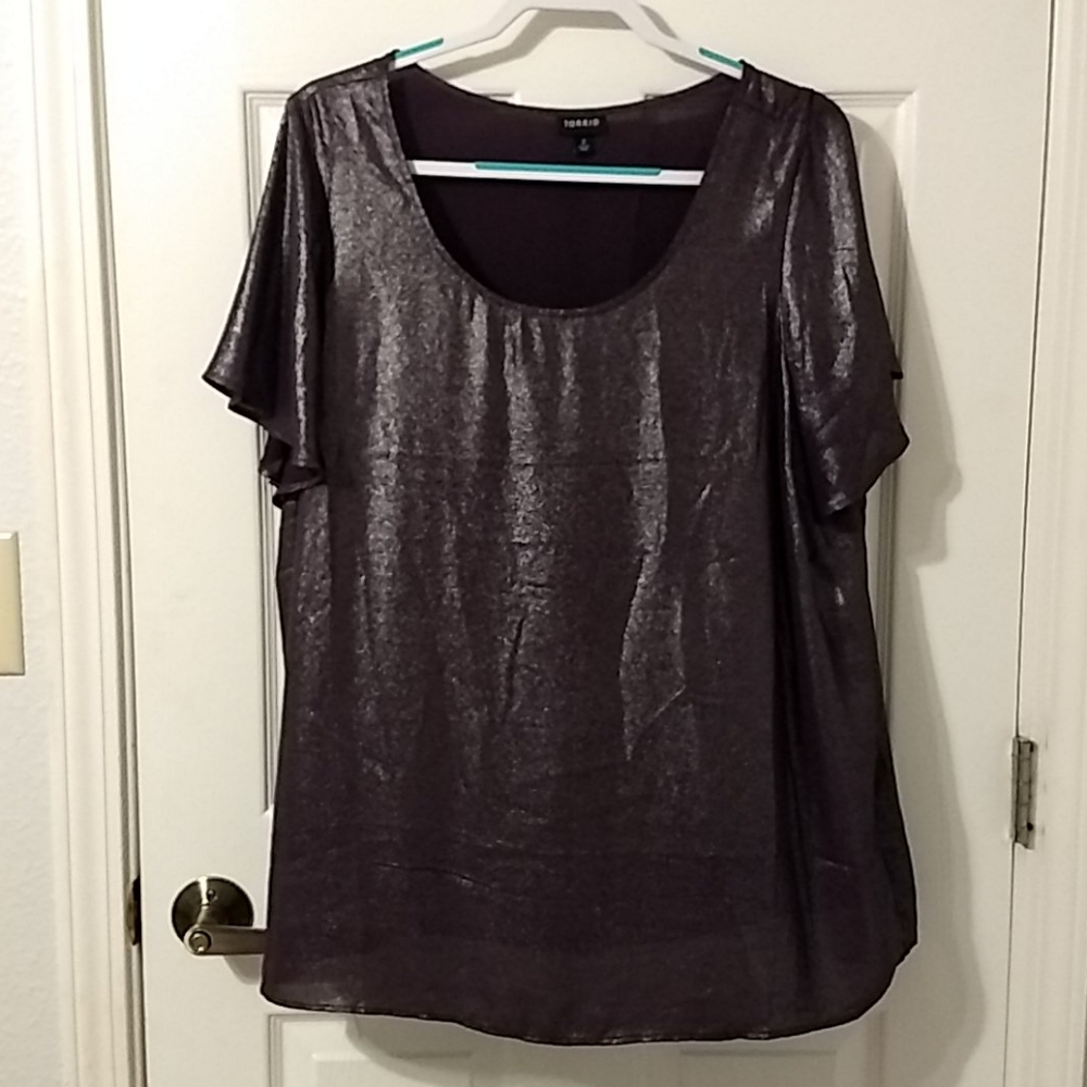 Flutter sleeve metallic purple top